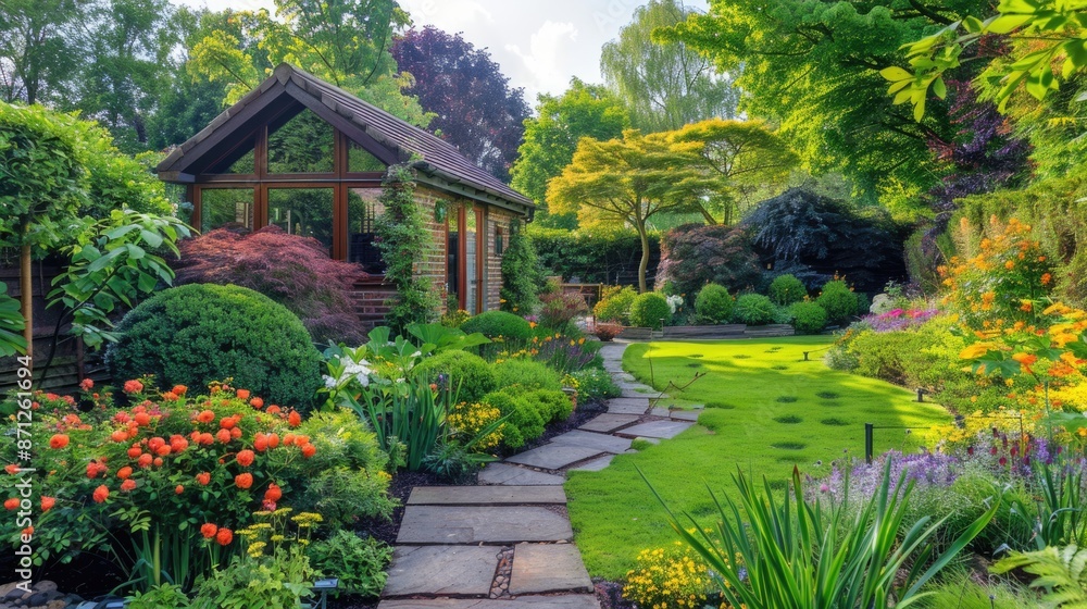 UK garden with naturalistic design yard hard landscaping, summer retreat house UK garden with naturalistic design yard hard landscaping, summer retreat house