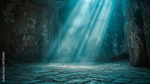 Sunlight streams into a dark cave, dramatic light rays penetrating through the gloom, rough textured walls and floor, moody atmosphere