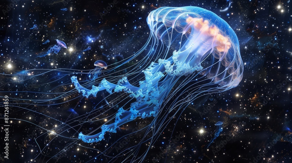 Surreal cosmic jellyfish floating in infinite space, surrounded by twinkling stars, traversing the cosmic void, intricate and mesmerizing Surreal cosmic jellyfish floating in infinite space, surrounded by twinkling stars, traversing the cosmic void, intricate and mesmerizing