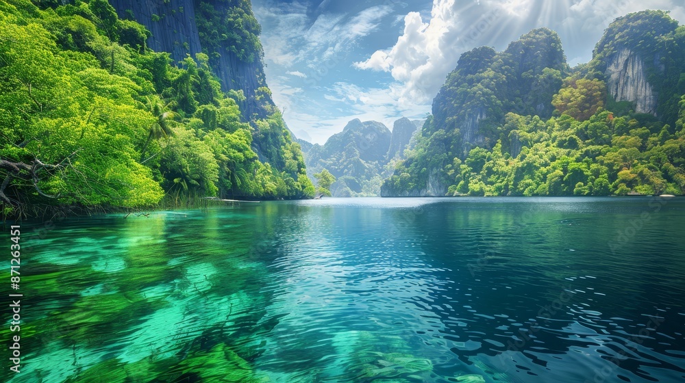 Tropical archipelago with lush mountains, vibrant greenery, serene waters, rich textures and colors, idyllic paradise landscape Tropical archipelago with lush mountains, vibrant greenery, serene waters, rich textures and colors, idyllic paradise landscape