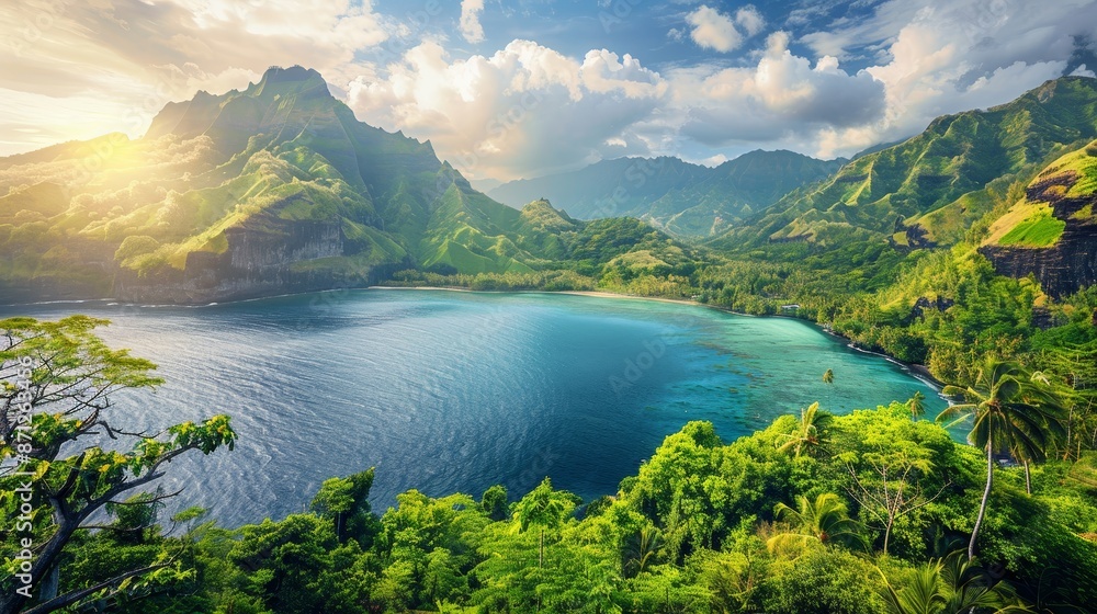 Obraz premium Tropical archipelago with lush mountains, vibrant greenery, serene waters, rich textures and colors, idyllic paradise landscape