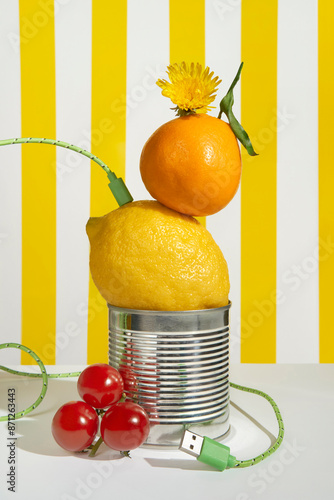 Still life with tin can, fruit, veggies, and wire on striped backdrop