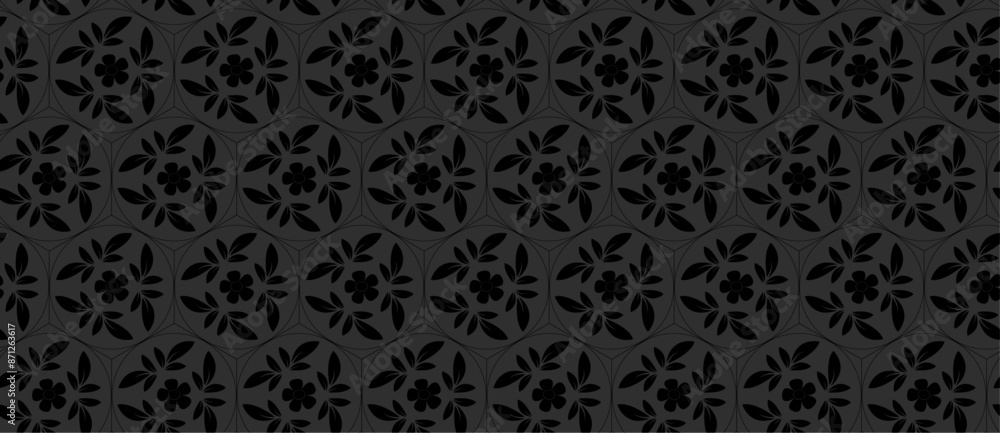 Seamless pattern floral ornamental decorative geometric shape black theme repeatable vector texture background creative vintage retro style fabric textile paper wood print Seamless pattern floral ornamental decorative geometric shape black theme repeatable vector texture background creative vintage retro style fabric textile paper wood print