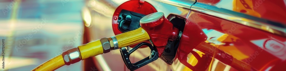 Obraz premium Gasoline pump nozzle in a car, red and yellow color scheme.