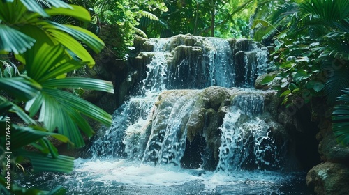 Waterfall oasis surrounded by dense rainforest, vibrant green foliage, cascading water, peaceful and enchanting natural scene