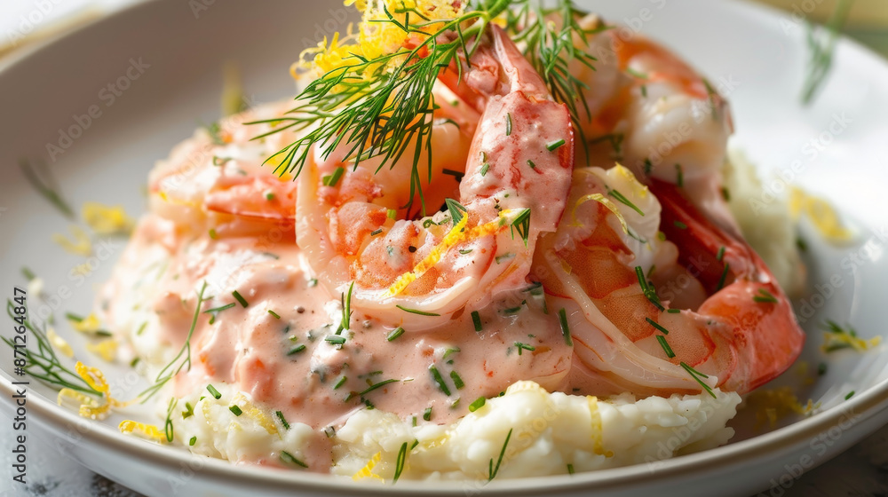 Large and succulent shrimp stroganoff in a creamy pink sauce, mashed potatoes with lemon zest Large and succulent shrimp stroganoff in a creamy pink sauce, mashed potatoes with lemon zest