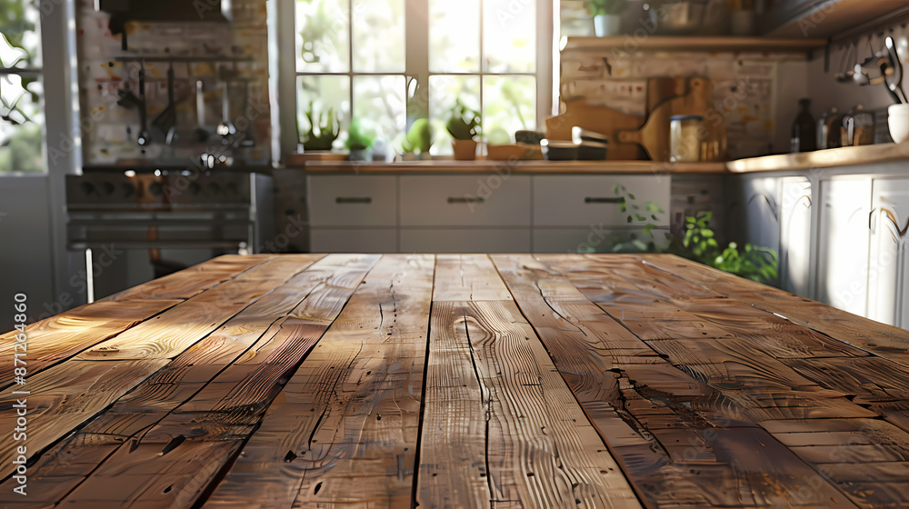 Beautiful natural wooden table with kitchen background Beautiful natural wooden table with kitchen background