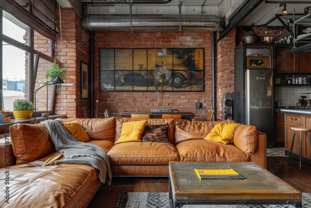 Interior of loft living room with brown leather sofa and brick wall Interior of loft living room with brown leather sofa and brick wall