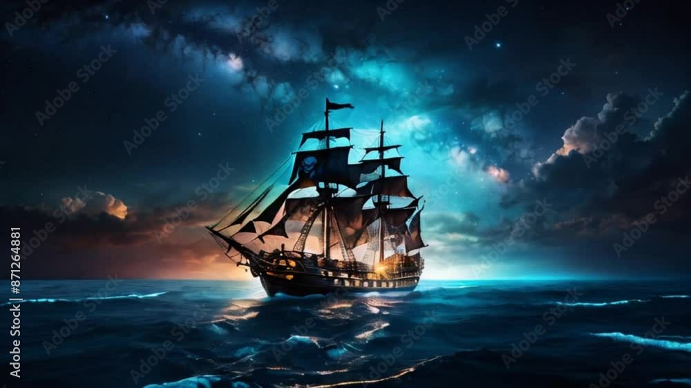 銀河に包まれた夜空 生物発光の海を行く海賊船 銀河に包まれた夜空 生物発光の海を行く海賊船