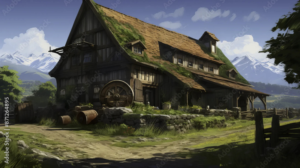 Farmhouse nestled in a tranquil fantasy landscape at dusk. Fantasy wallpaper Farmhouse nestled in a tranquil fantasy landscape at dusk. Fantasy wallpaper