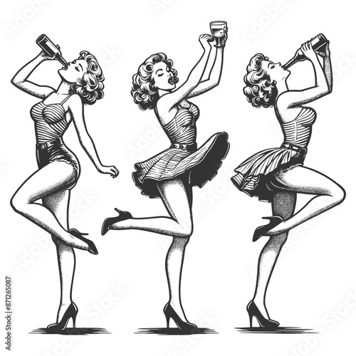 retro pin-up girls in playful poses, drinking and dancing, vintage charm and lively spirit sketch engraving generative ai fictional character vector illustration. Black and white image.