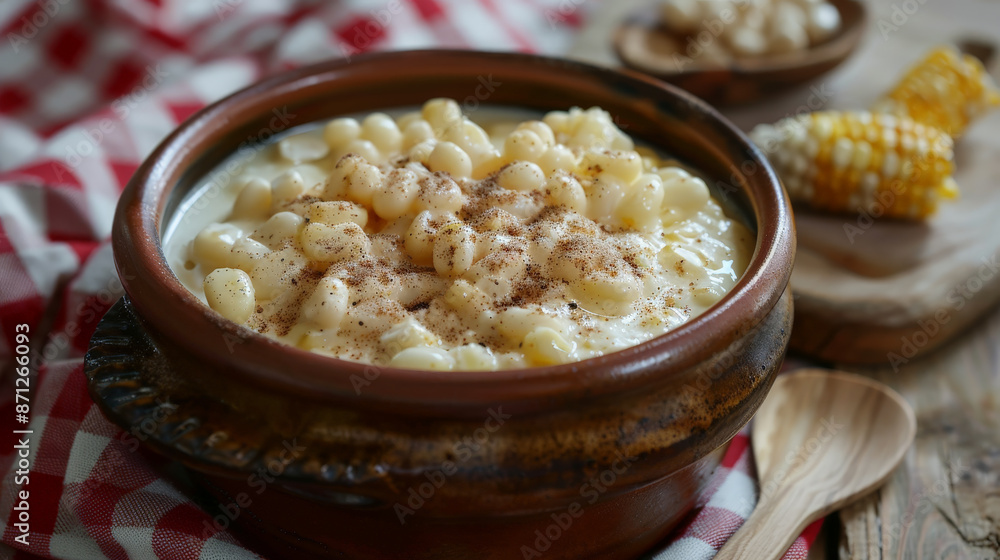 Creamy hominy in a rustic bowl with milk, topped with ground cinnamon and whole white corn kernels Creamy hominy in a rustic bowl with milk, topped with ground cinnamon and whole white corn kernels