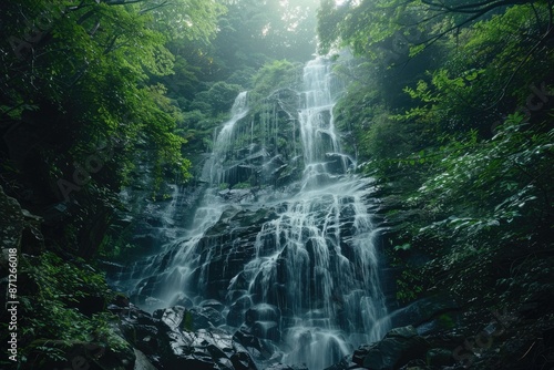 A breathtaking waterfall cascading through dense, lush jungle foliage in a vibrant tropical rainforest. AIG62 photo