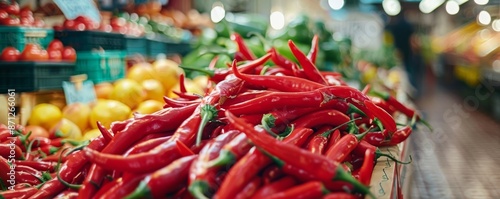 Red chili peppers on display at a market stall, vibrant and colorful produce. Fresh vegetables concept