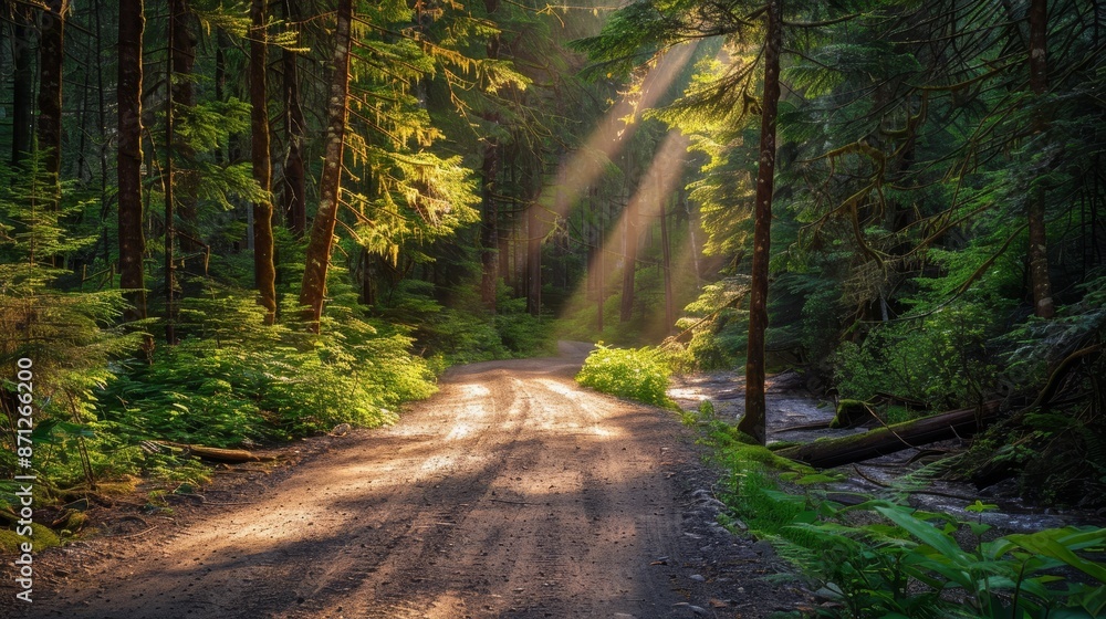 Obraz premium Sun-dappled forest road, vibrant green trees, sun rays illuminating the path, sparkling stream flowing beside, tranquil and scenic