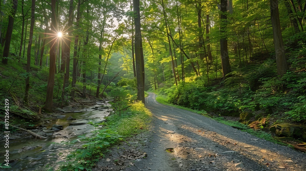 Fototapeta premium Sun-dappled forest road, vibrant green trees, sun rays illuminating the path, sparkling stream flowing beside, tranquil and scenic