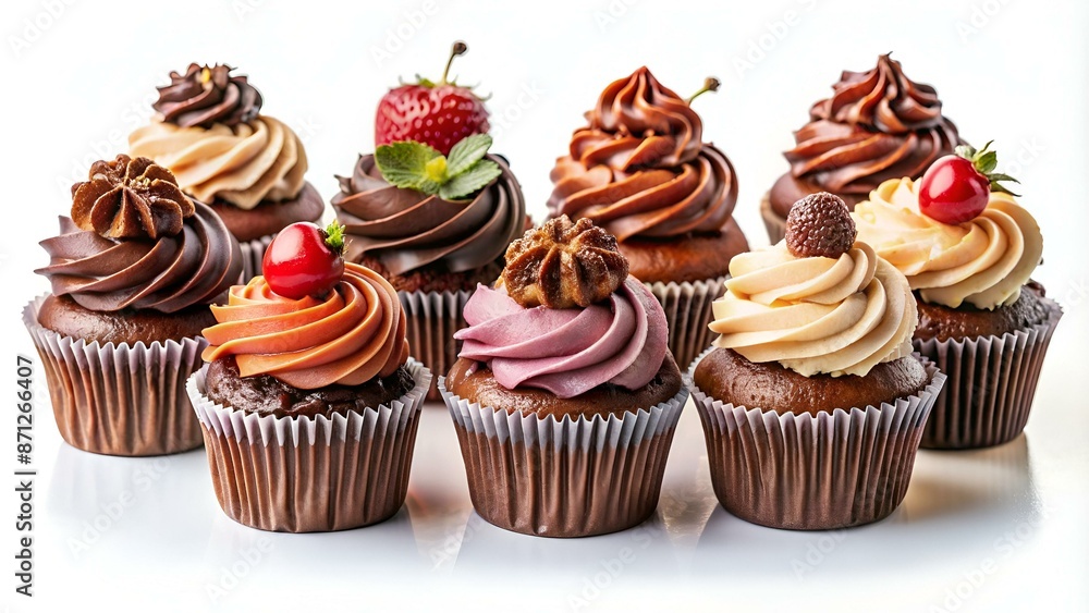 Set of different chocolate cupcakes isolated on white background. Set of different chocolate cupcakes isolated on white background.