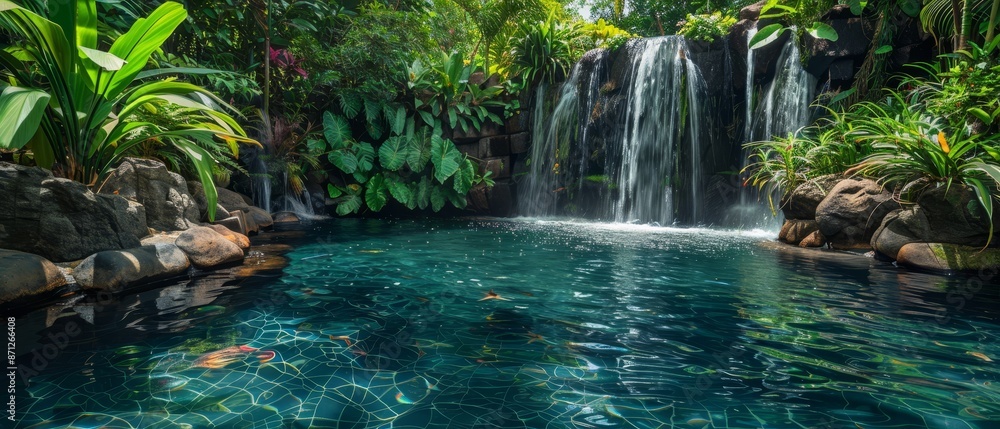 Naklejka premium Serene waterfall oasis amidst dense rainforest greenery, crystal clear water, vibrant foliage, tranquil and mystical setting