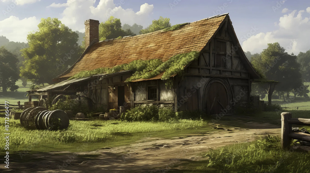 Farm exterior, enchanted landscape with mystical elements. Fantasy wallpaper Farm exterior, enchanted landscape with mystical elements. Fantasy wallpaper