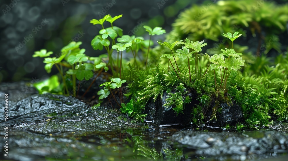 Small plants sprouting from rocks, vibrant green moss, natural texture, intricate details, lush and peaceful setting Small plants sprouting from rocks, vibrant green moss, natural texture, intricate details, lush and peaceful setting