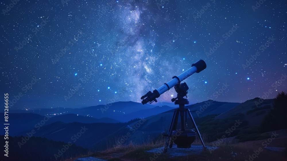 Starry night sky with professional telescope, space observatory on a mountain peak, detailed view, tranquil and inspiring atmosphere Starry night sky with professional telescope, space observatory on a mountain peak, detailed view, tranquil and inspiring atmosphere