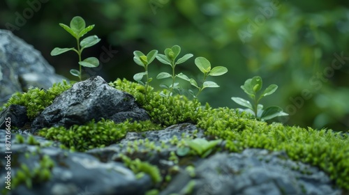 Small plants sprouting from rocks, vibrant green moss, natural texture, intricate details, lush and peaceful setting © Alpha