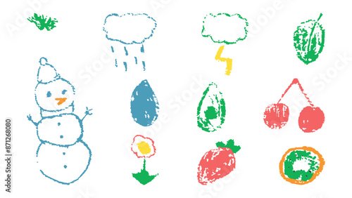 Doodles with the texture of wax chalk. Set elements imitating child drawing. Snowman berries clouds. Doodles abstract shapes. Vector illustration.