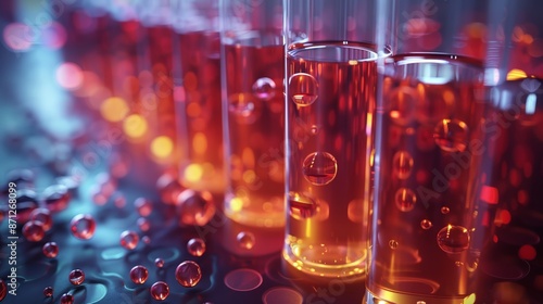 Close-up view of several transparent test tubes filled with clear liquid, illuminated by blue and orange lights in a scientific laboratory setting. photo