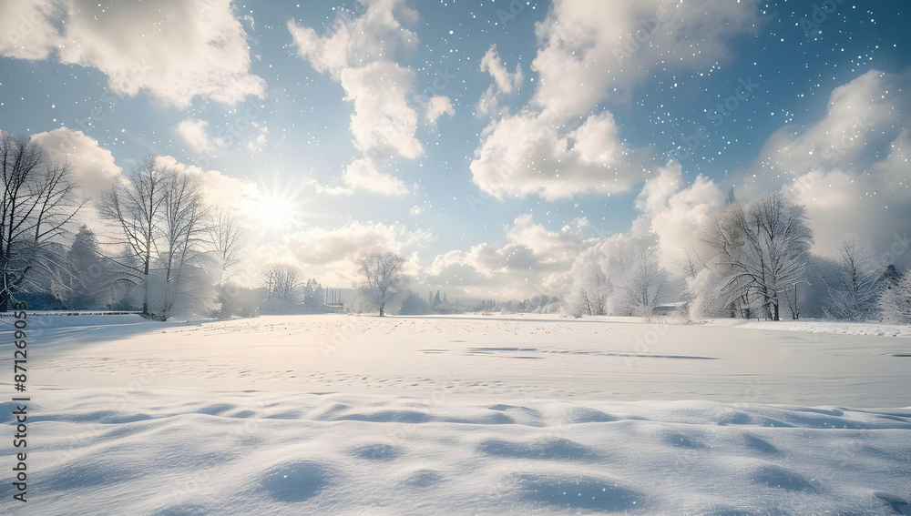 A beautiful winter landscape with a snow-covered field under a cloudy sky, captured during a bright, sunny day. A beautiful winter landscape with a snow-covered field under a cloudy sky, captured during a bright, sunny day.