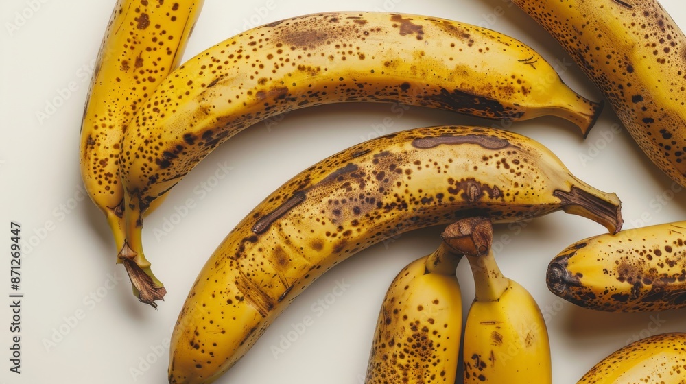 Ripe bananas with brown spots on a light background, macro photography. Nutrition and food waste concept