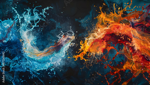 A vivid abstract image contrasting water and fire elements intertwining in vibrant colors, symbolizing balance and duality. photo