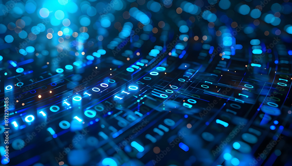 Obraz premium Abstract representation of digital data, technology, and high-tech communication, featuring blue lights and binary code.