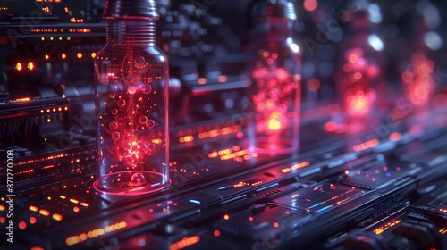 Aicutting-edge laboratory scene with multiple test tubes filled with a glowing red substance, integrated into an electronic circuit board. Image conveys themes of biotechnology, scientific research photo