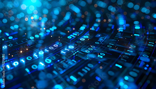 Abstract representation of digital data, technology, and high-tech communication, featuring blue lights and binary code.