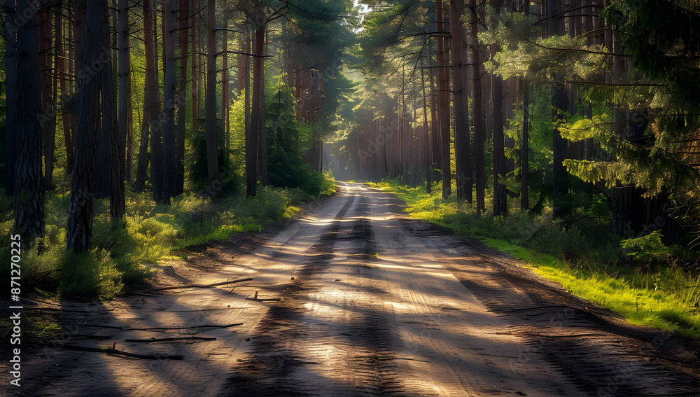 Beautiful forest path with sunlight streaming through tall trees, creating a serene and peaceful atmosphere perfect for a nature escape. Beautiful forest path with sunlight streaming through tall trees, creating a serene and peaceful atmosphere perfect for a nature escape.