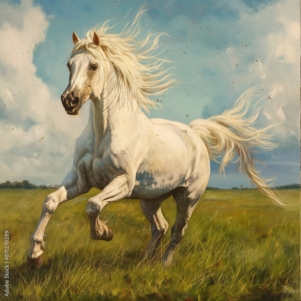 A white horse gallops through a grassy field, its mane and tail flowing in the wind. A white horse gallops through a grassy field, its mane and tail flowing in the wind.