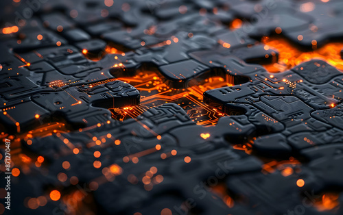 Close-up of black circuit board pieces interlinked, depicting technology and connectivity with glowing orange light effects in the background.