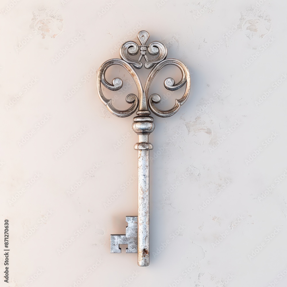 An ornate silver key with a decorative head, lying on a white surface. An ornate silver key with a decorative head, lying on a white surface.