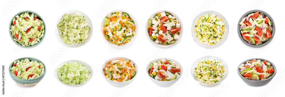 Set of different salads isolated on white, top and side views Set of different salads isolated on white, top and side views