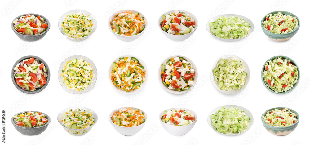 Set of different salads isolated on white, top and side views Set of different salads isolated on white, top and side views