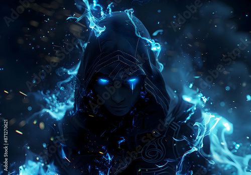 Dark, mysterious hooded figure with glowing blue eyes and energy aura, representing fantasy and supernatural themes in a dark environment. © sornram