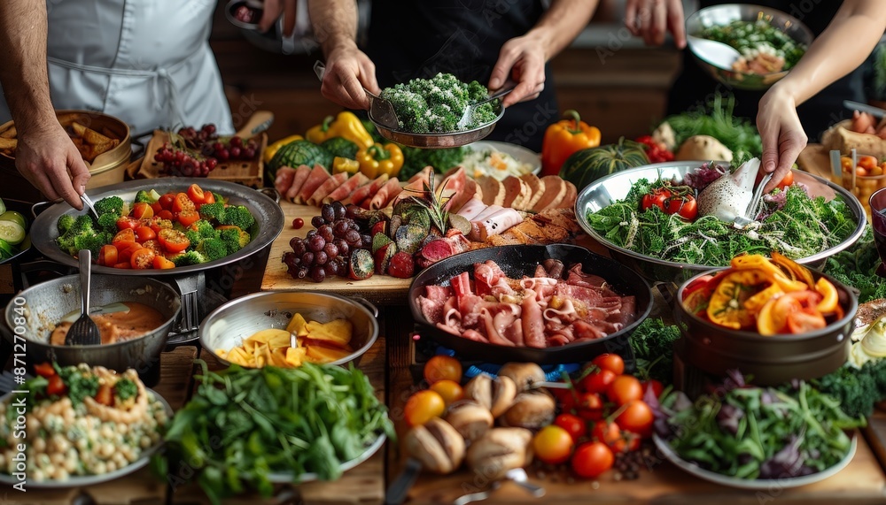 A table filled with an assortment of delicious dishes, from fresh salads to savory meats, with people reaching in to serve themselves A table filled with an assortment of delicious dishes, from fresh salads to savory meats, with people reaching in to serve themselves