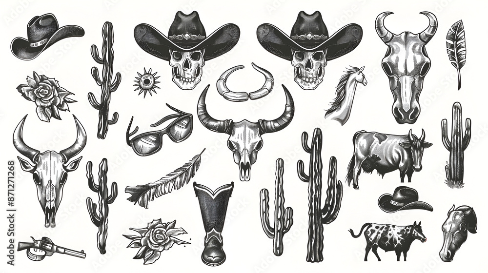 Western boho cowgirl set blogger vector stickers pack wild west