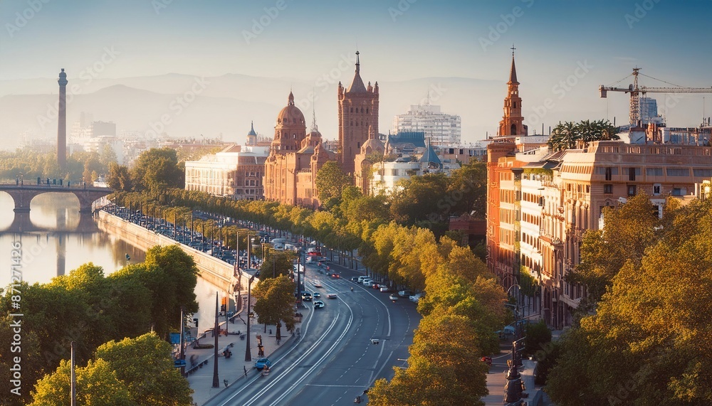 Naklejka premium Scenic View of Zaragoza Cityscape at Sunrise