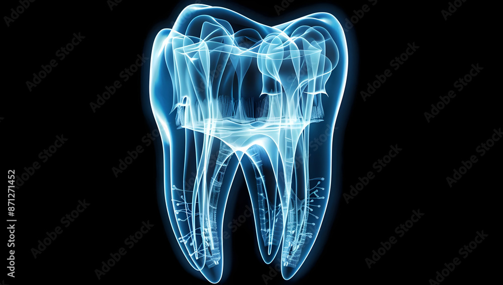 High-resolution dental X-ray image of a tooth, highlighting intricate internal structures and root details, against a black background. High-resolution dental X-ray image of a tooth, highlighting intricate internal structures and root details, against a black background.