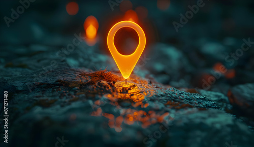 Wallpaper Mural Illuminated orange location pin on a rocky surface, symbolizing navigation, GPS, and mapping technology in a dark environment. Torontodigital.ca