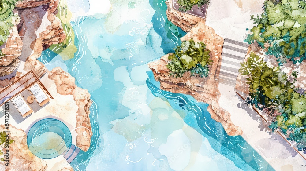 Fototapeta premium An aerial view of a winding river through a lush green landscape.