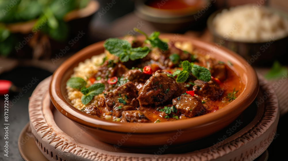 Exotic lamb stroganoff with thick, spicy, earthy sauce, Moroccan couscous and mint leaves Exotic lamb stroganoff with thick, spicy, earthy sauce, Moroccan couscous and mint leaves