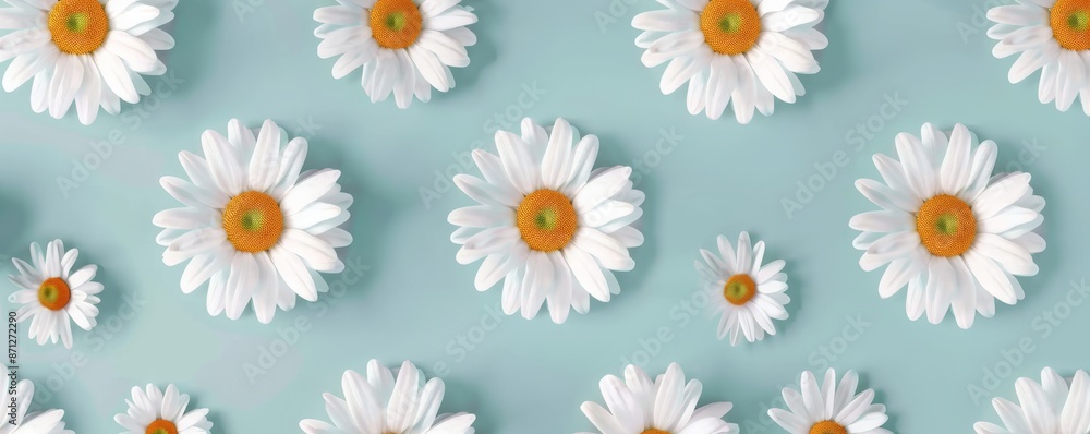 White daisies on light blue background, floral pattern. Natural beauty and freshness concept White daisies on light blue background, floral pattern. Natural beauty and freshness concept