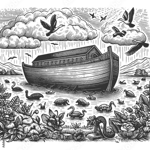 Noah Ark, a biblical boat ship vessel, resting on water with two doves in the foreground sketch engraving generative ai vector illustration. Scratch board imitation. Black and white image.
